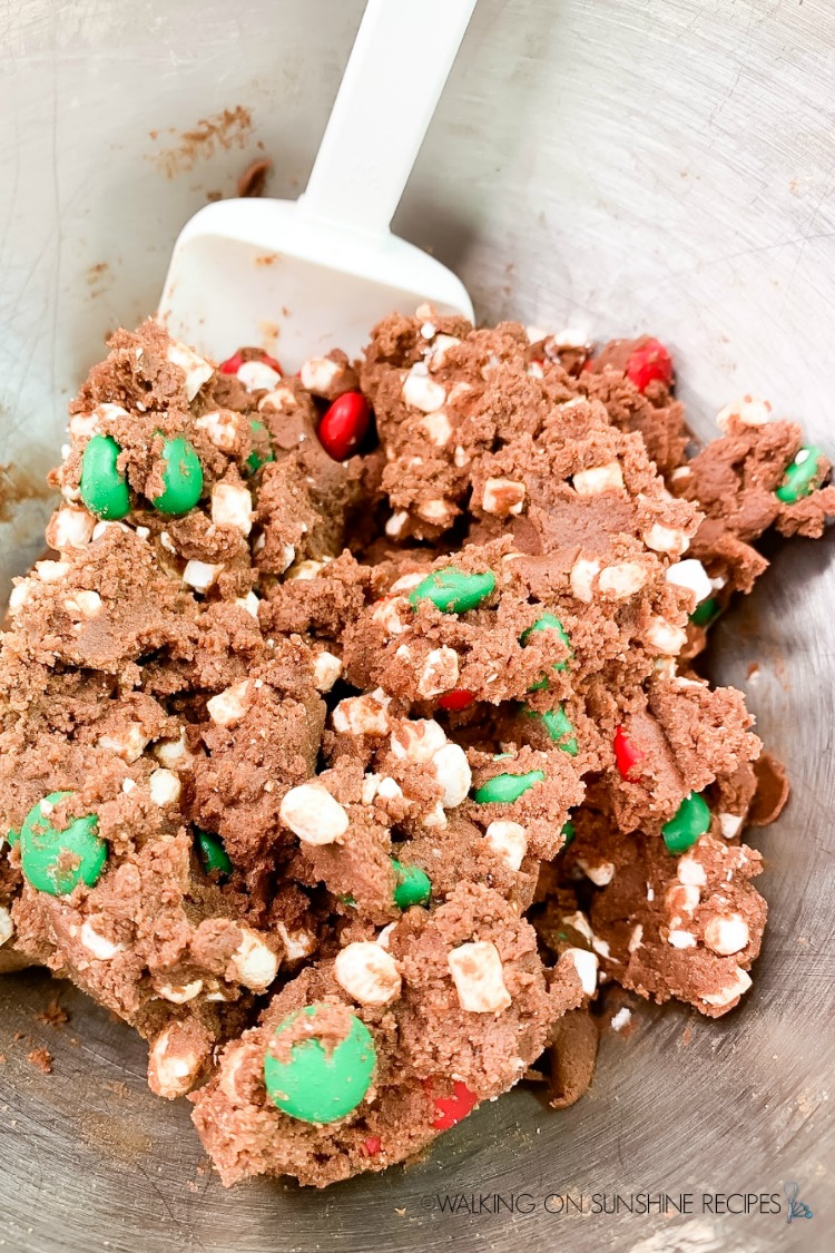 Marshmallow Christmas Cookie dough in stainless steel mixing bowl