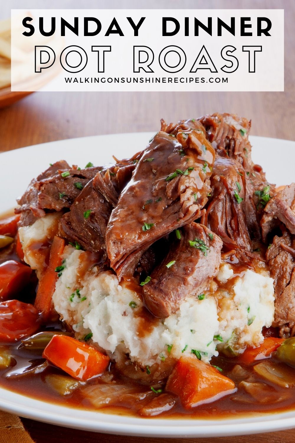 Tender pot roast cooked in the crock pot for Sunday dinner. 