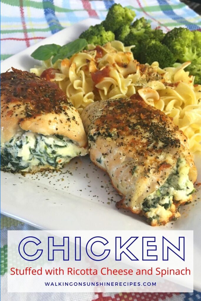 spinach and ricotta stuffed chicken served with noodles and steamed broccoli. 