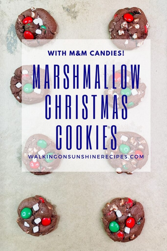Chocolate cookies stuffed with marshmallows and M&M candy pieces.