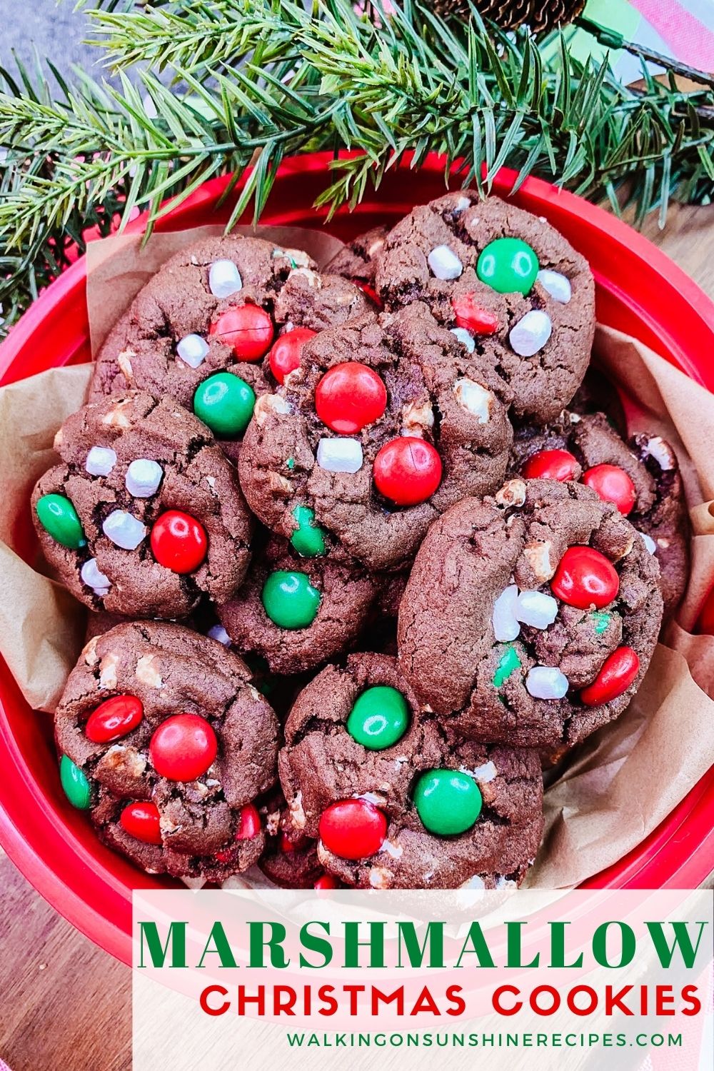chocolate cookies with M&M candies and marshmallows. 