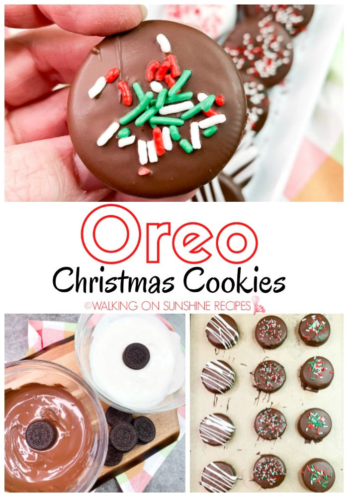 Oreo Christmas Cookies dipped in melted chocolate and covered with sprinkles