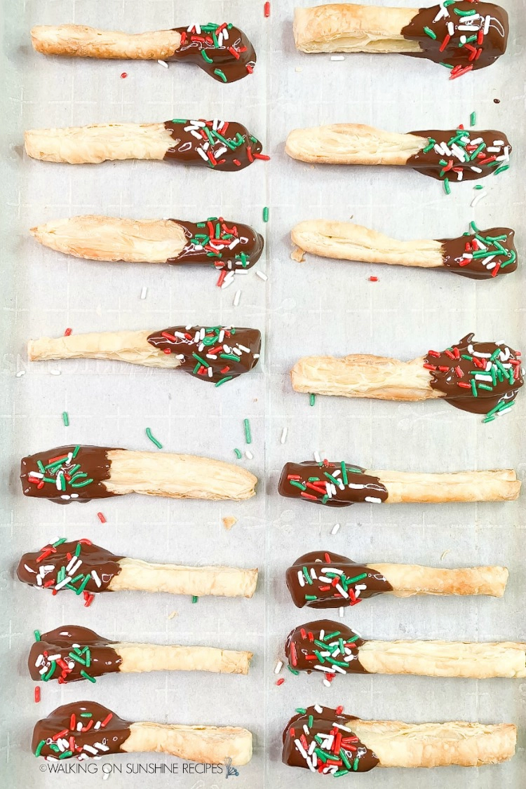 Puff Pastry Sticks dipped in melted chocolate with sprinkles