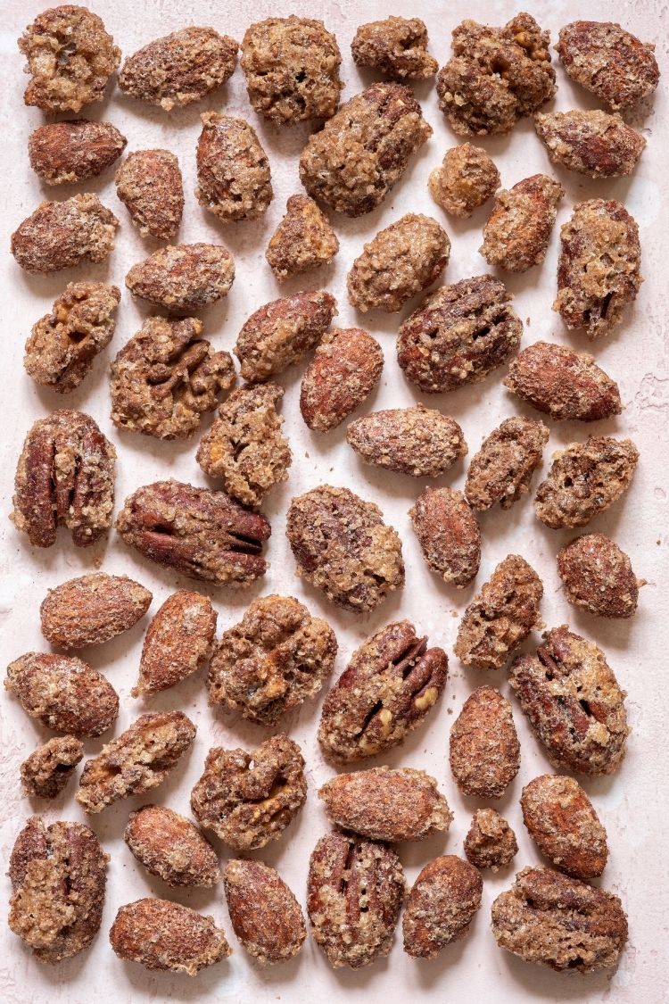 Christmas snacks ideas -candied pecans on baking tray.