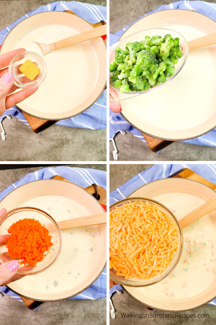 add broccoli, carrots and cheese to soup base in dutch oven.