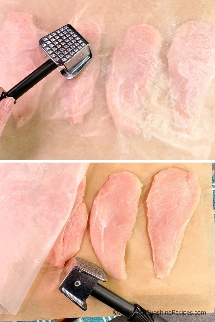 Pounding chicken breasts thin under waxed paper. 