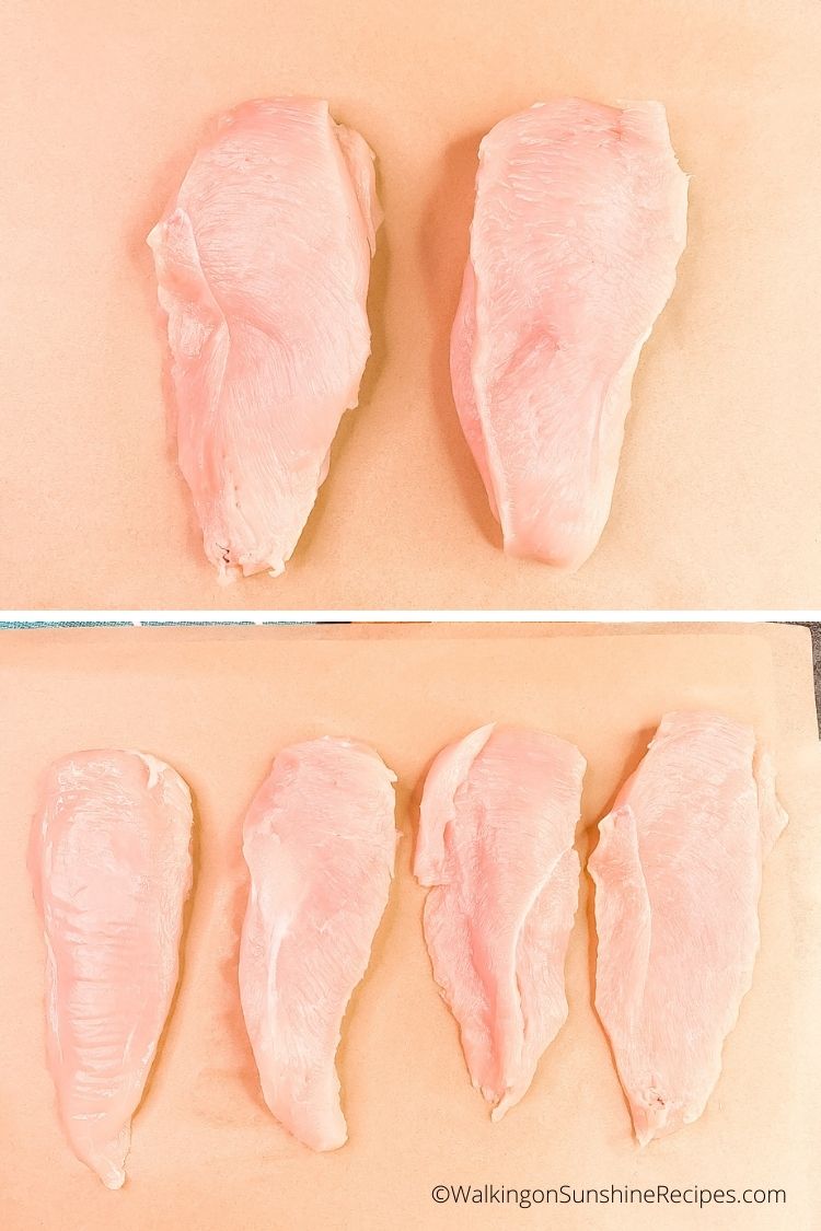 Slicing chicken breasts thin on top of parchment paper. 