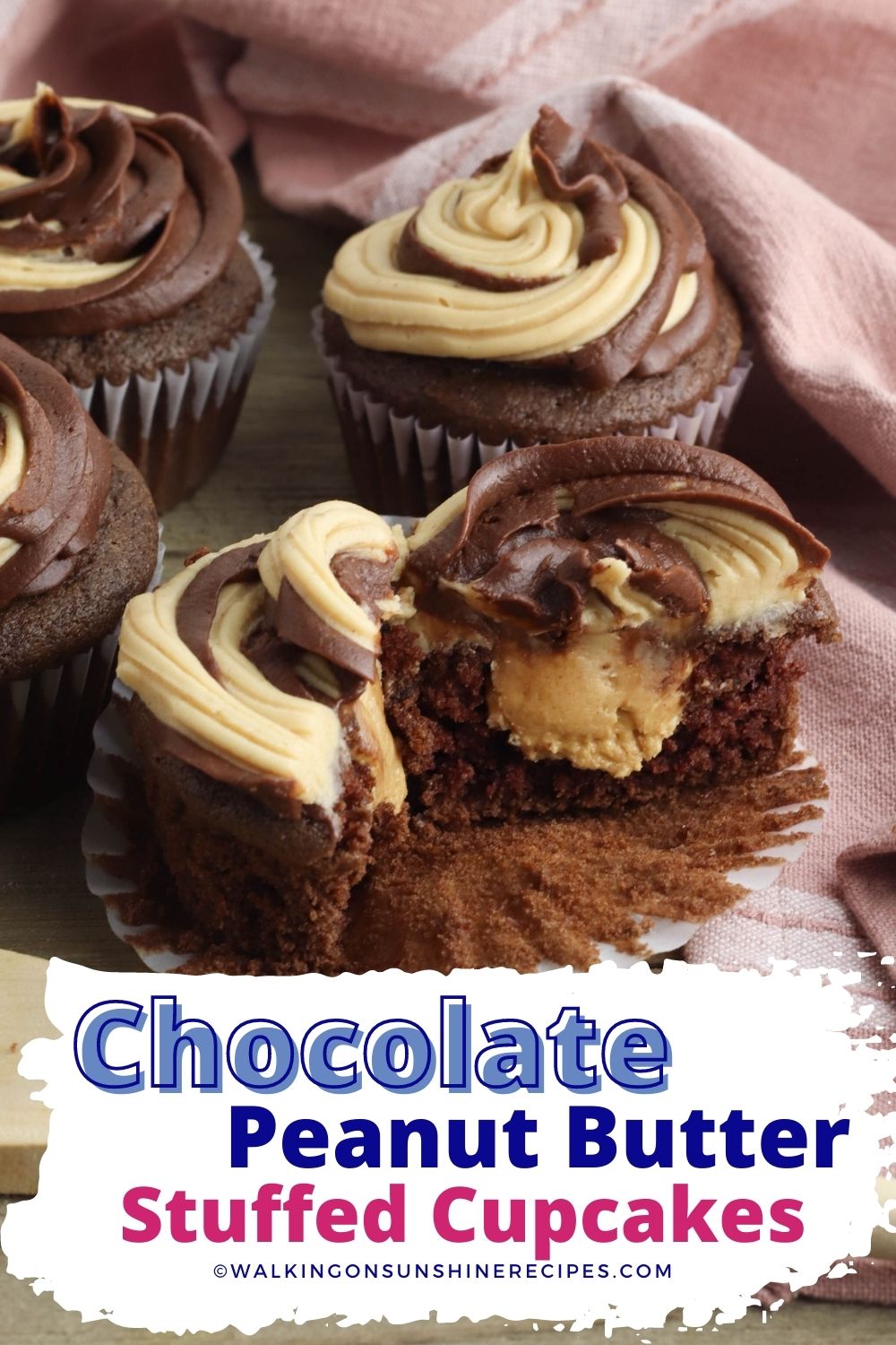 Chocolate cupcakes with peanut butter frosting and a peanut butter filling. 