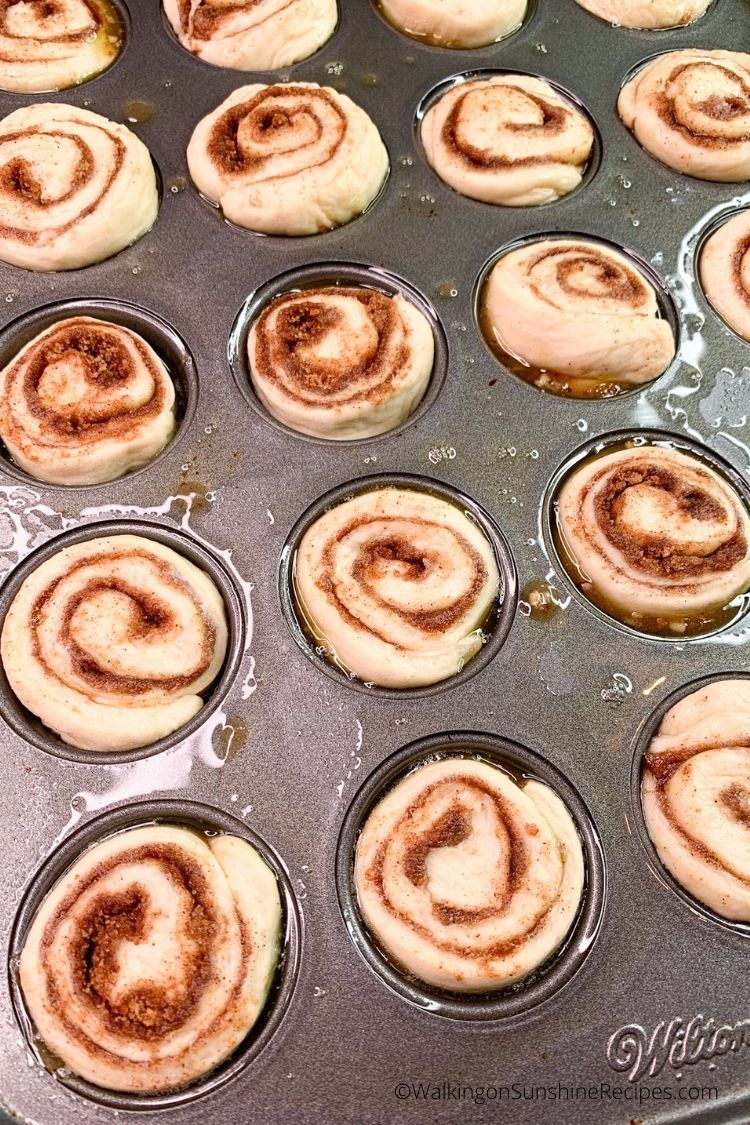 cinnamon rolls made with frozen bread dough in mini muffin pan.