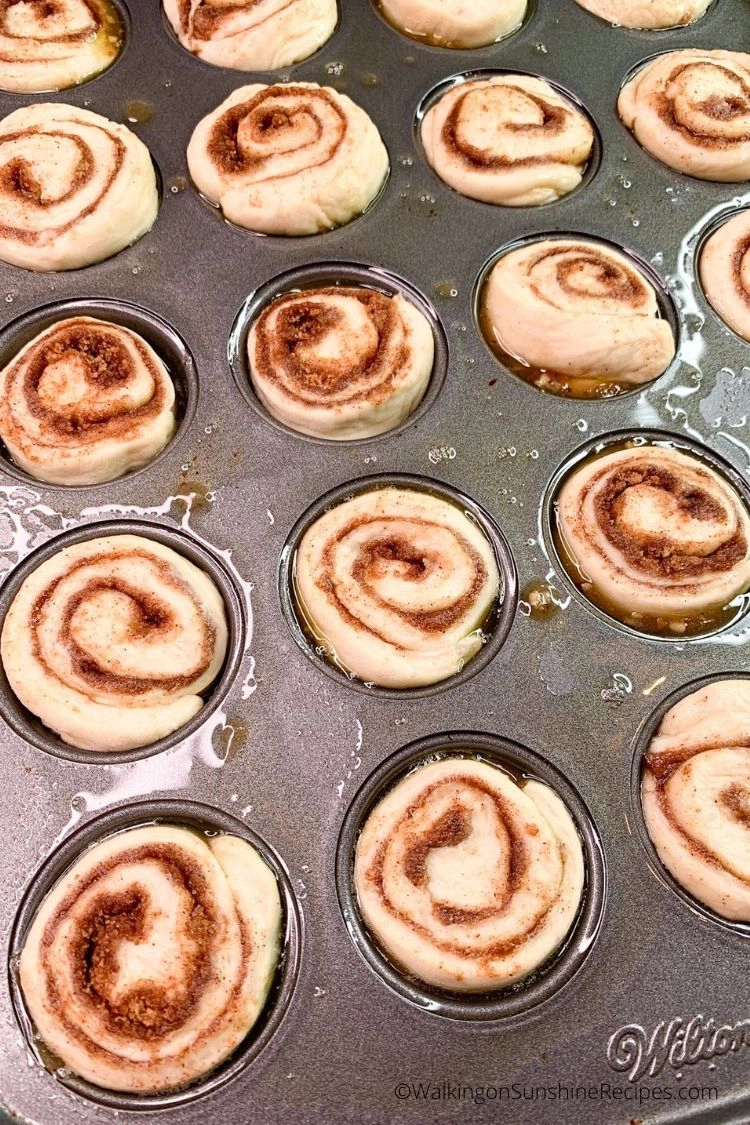cinnamon rolls made with frozen bread dough in mini muffin pan. 