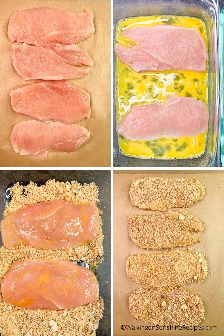 thin chicken cutlets in egg mixture and bread crumb mixxture. 
