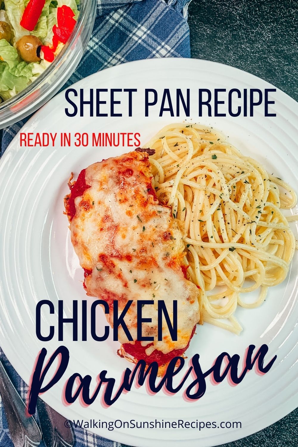 Sheet pan chicken Parmesan with spaghetti.