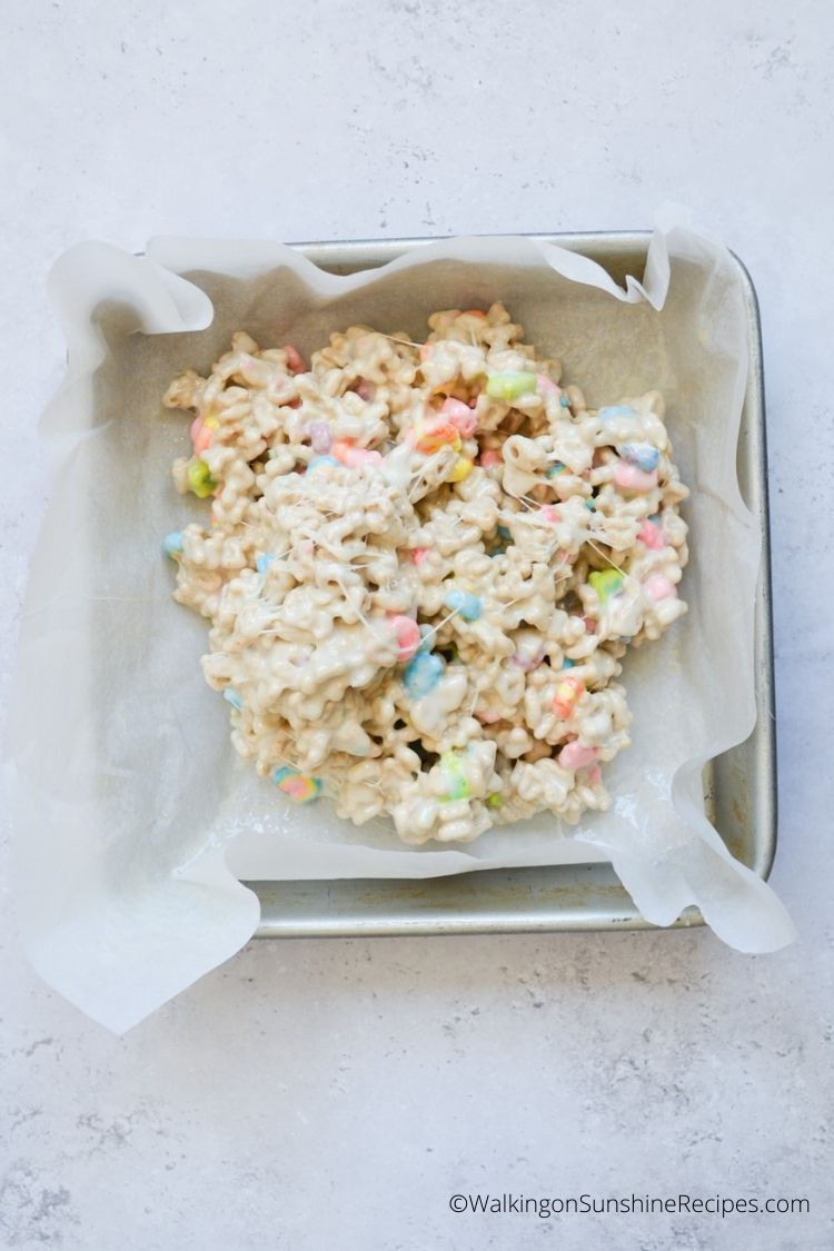 Spread cereal bar mixture in square baking pan. 