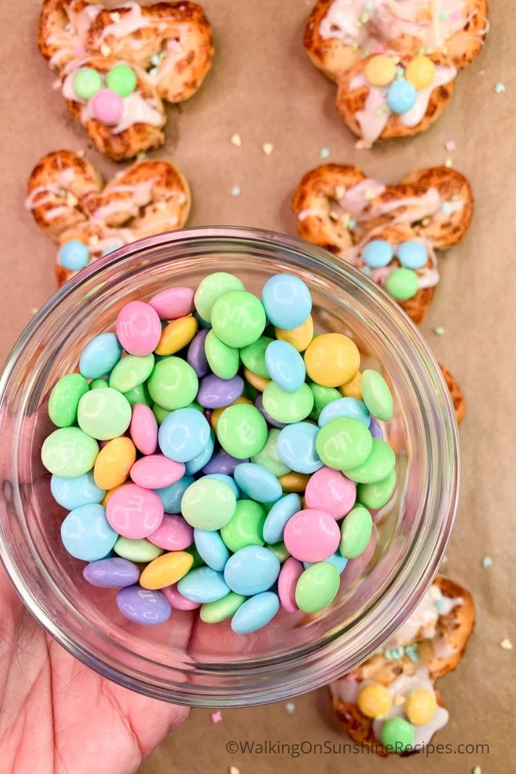 bowl of pastel colored M&Ms. 