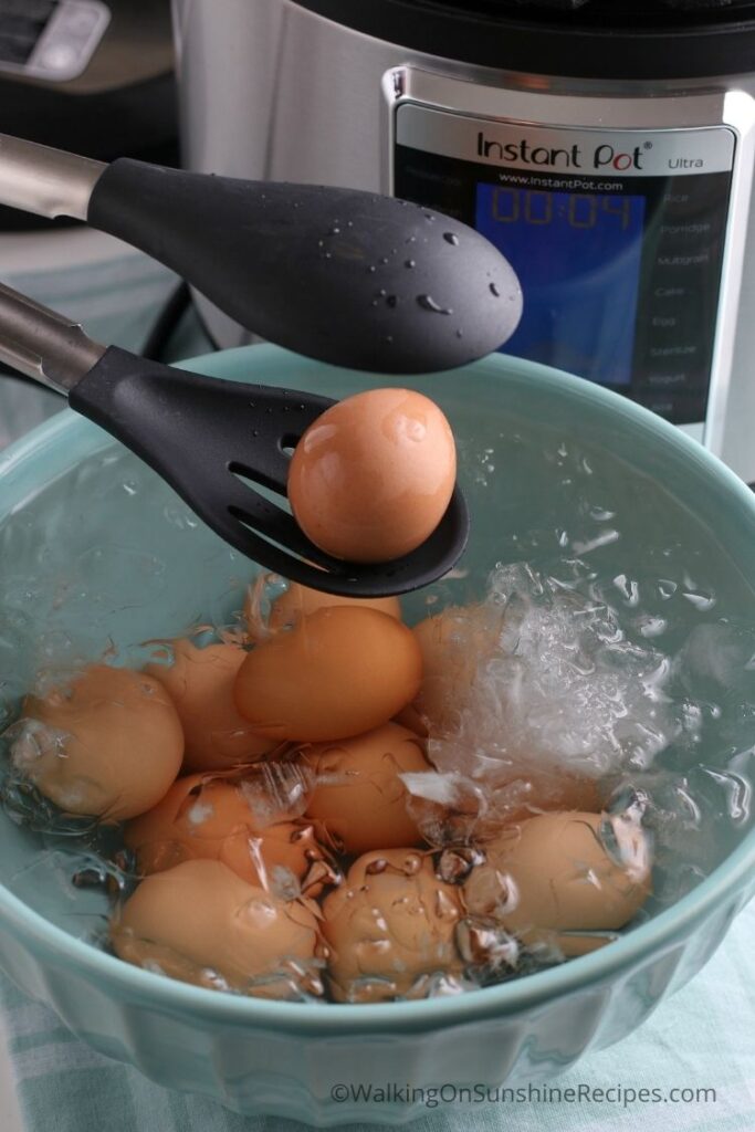 Place cooked eggs in ice water bath. 
