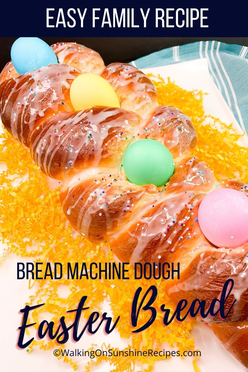 braided Easter bread with dyed eggs. 