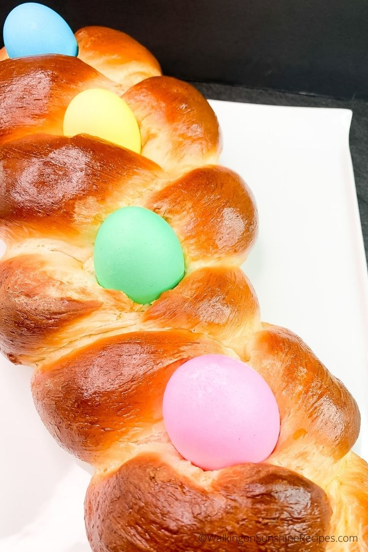 Baked Easter bread braid with dyed eggs. 