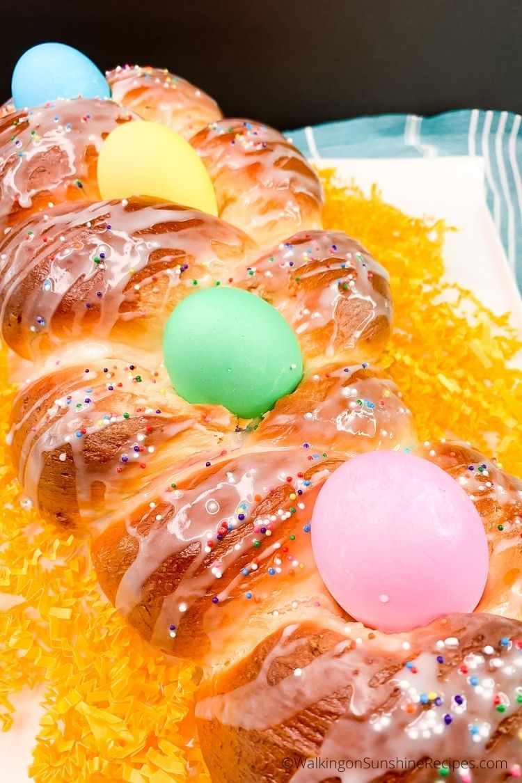 Italian Easter Bread made with dough from a bread machine on white platter. 