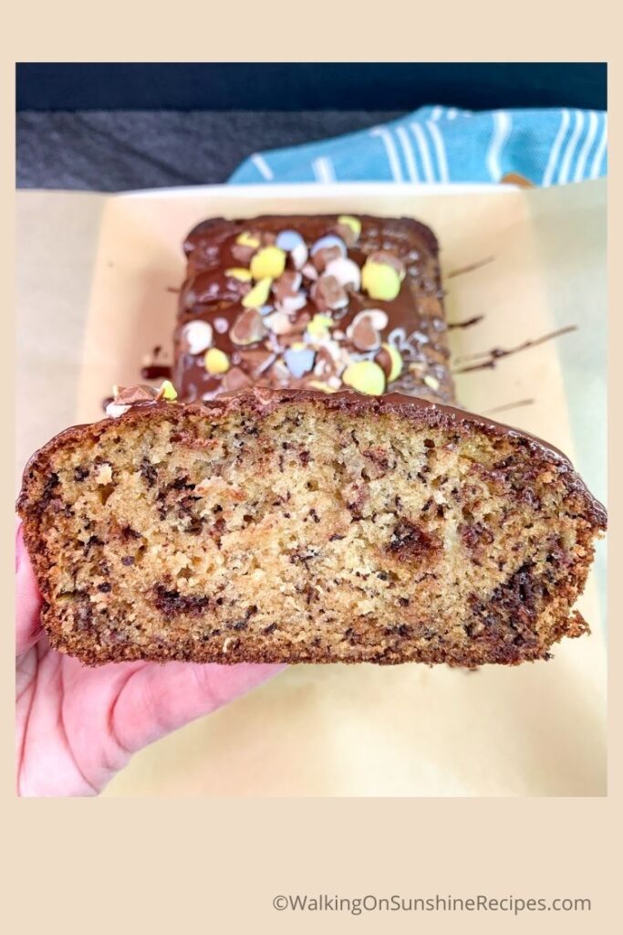 sliced banana bread with chocolate chunks.