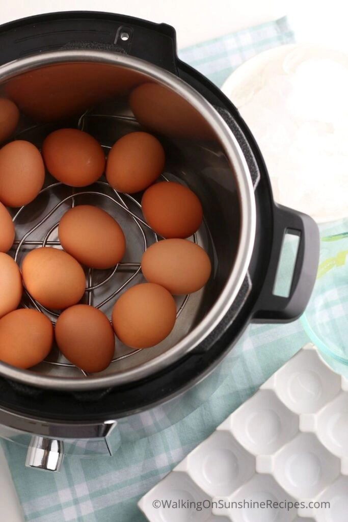 eggs on a rack inside an instant pot. 