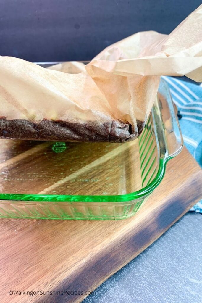 use parchment paper to lift fudge out of baking dish.