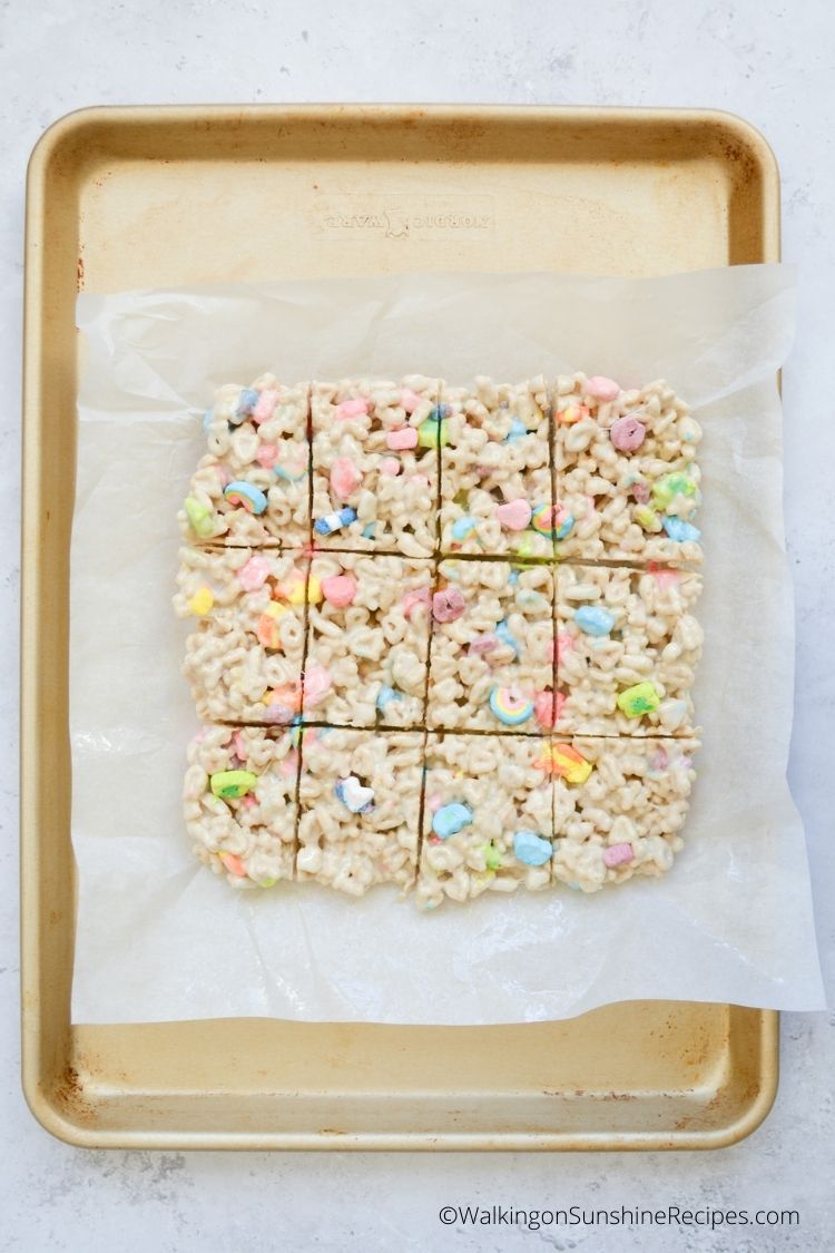 Lucky Charms cereal made into bar treats with mini marshmallows.