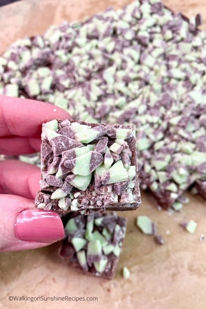 closeup of mint chocolate fudge with mint baking chips. 