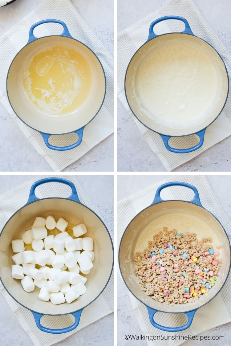melt butter, marshmallows and cereal together in large cast iron pan. 