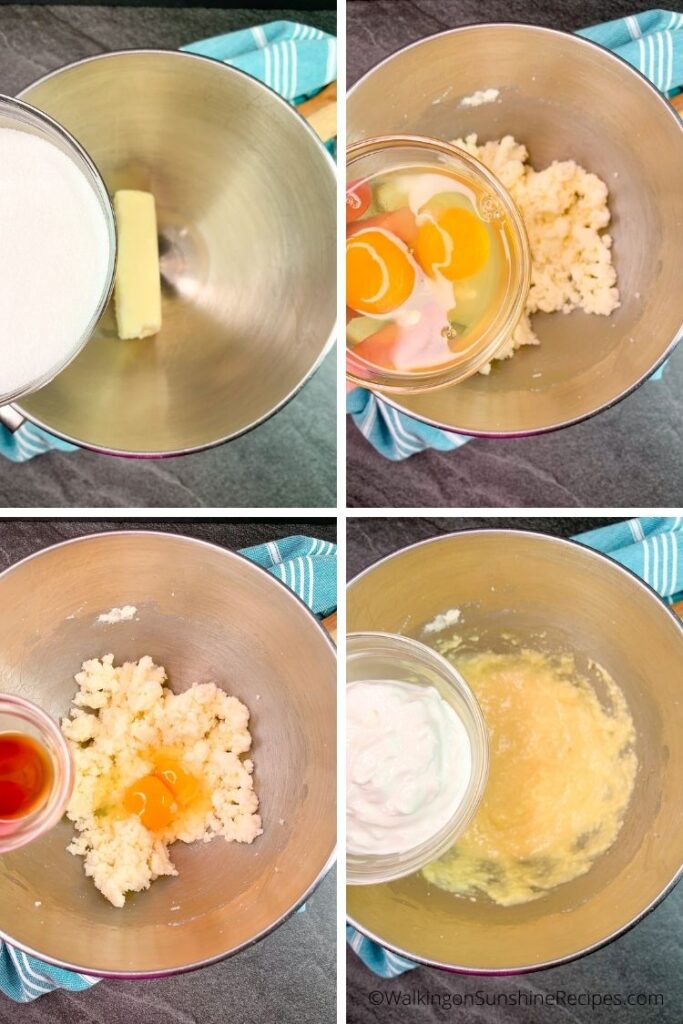 Cream butter, vanilla and sour cream.