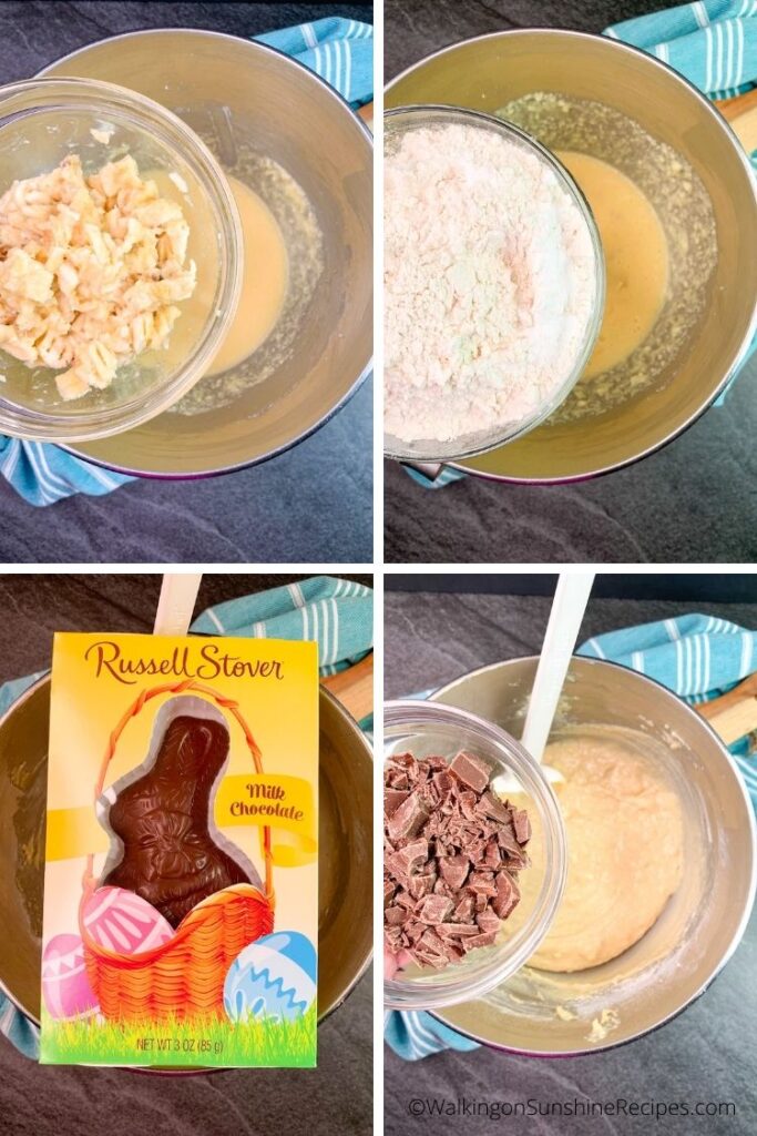 Add dry ingredients, mashed bananas and chocolate.