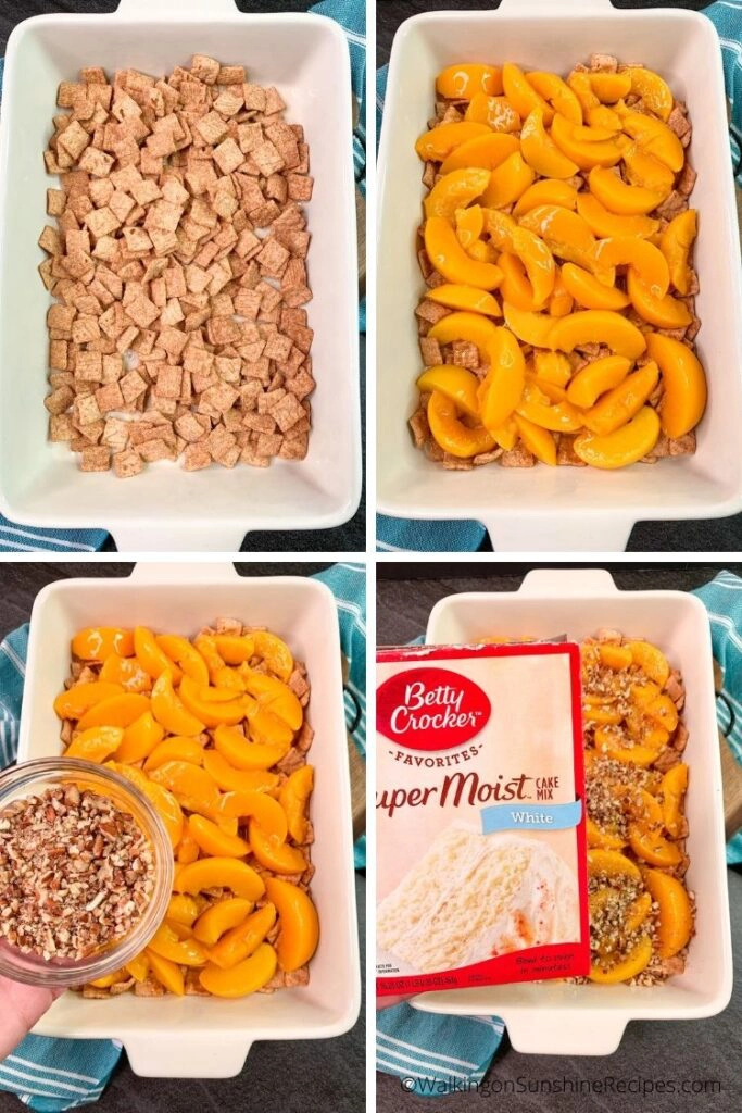 cereal, peaches and pecans in baking dish. 