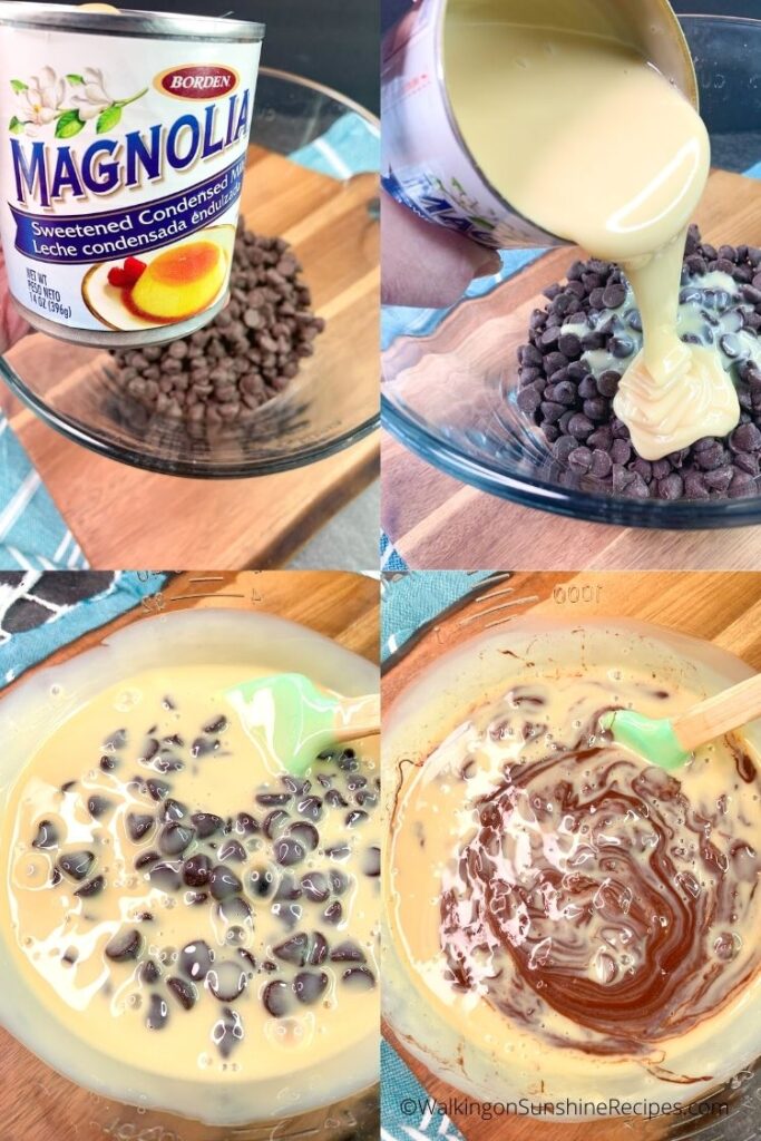 sweet condensed milk and chocolate chips.