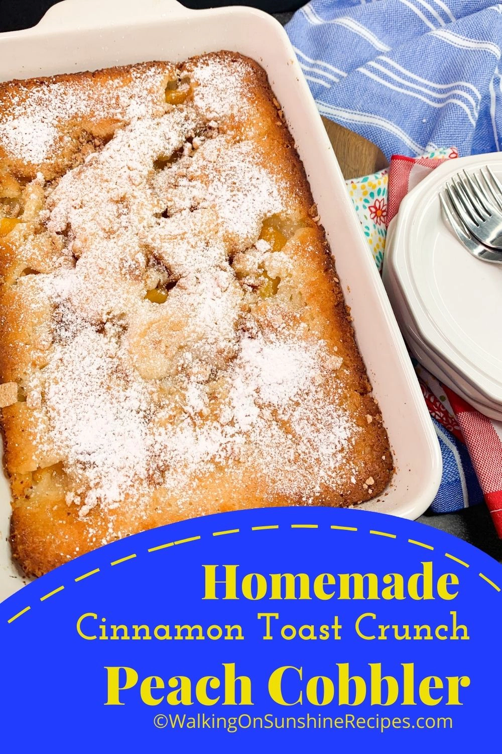 Baked Peach Cobbler with powdered sugar.