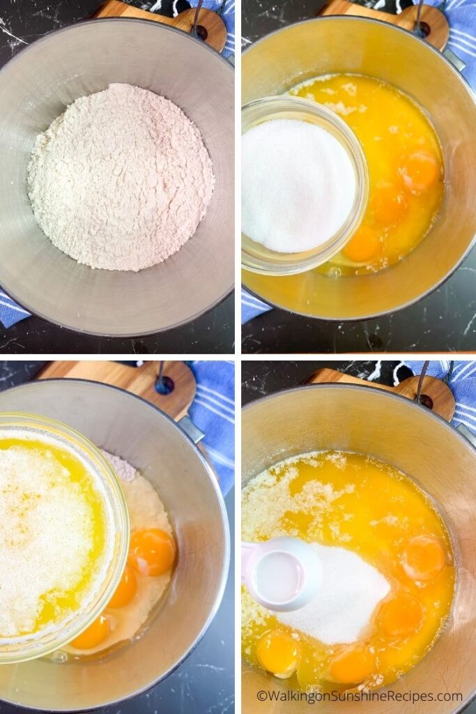 Flour, eggs and butter in KitchenAid mixer bowl.