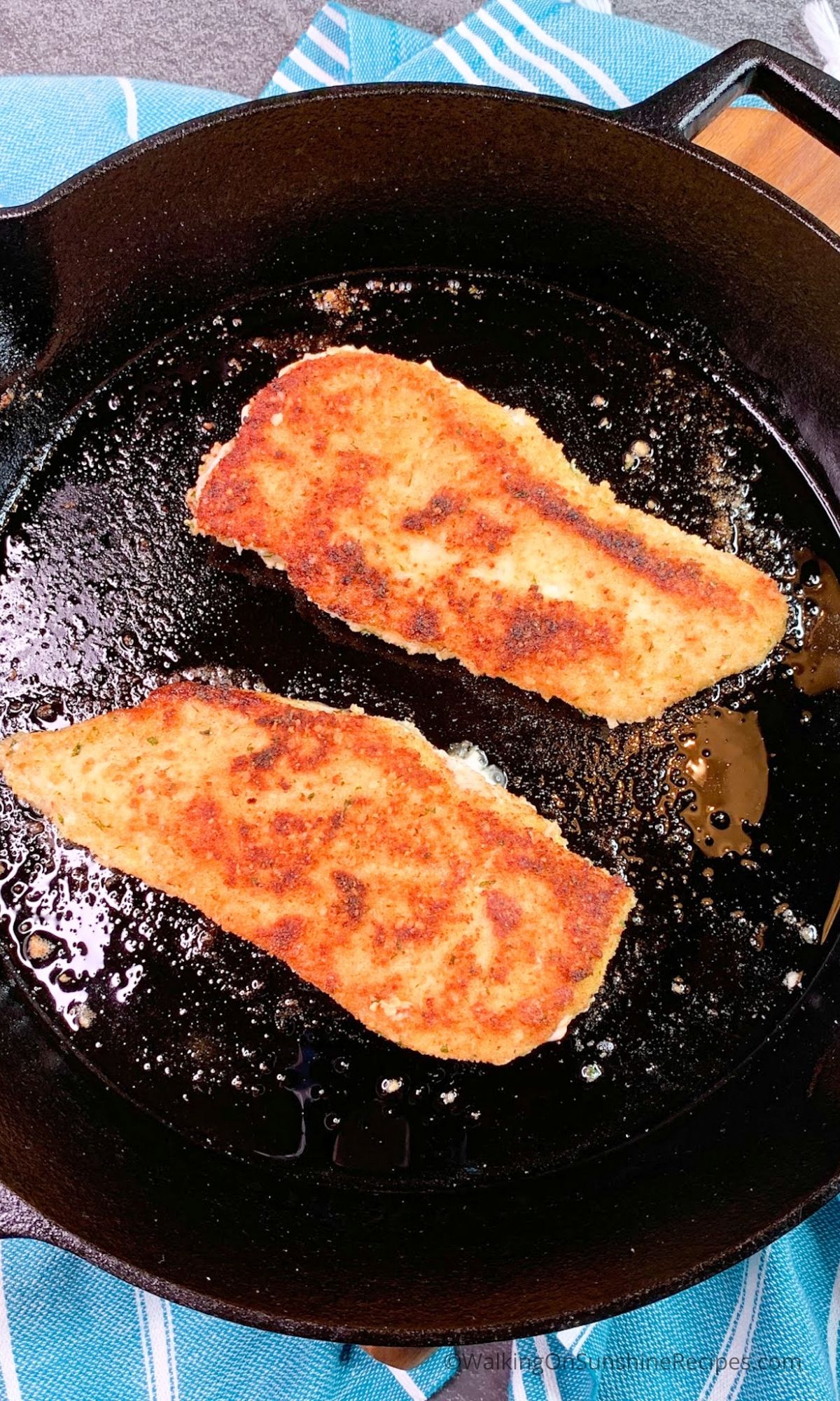 Baked thin chicken cutlets in cast iron skillet.
