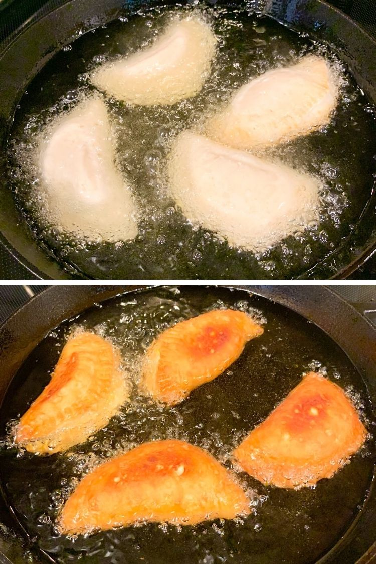 Frying hand pies in cast iron skillet with oil. 