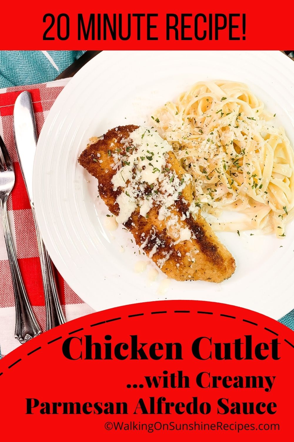 Fettuccine noodles with Alfredo sauce and crispy chicken cutlets.