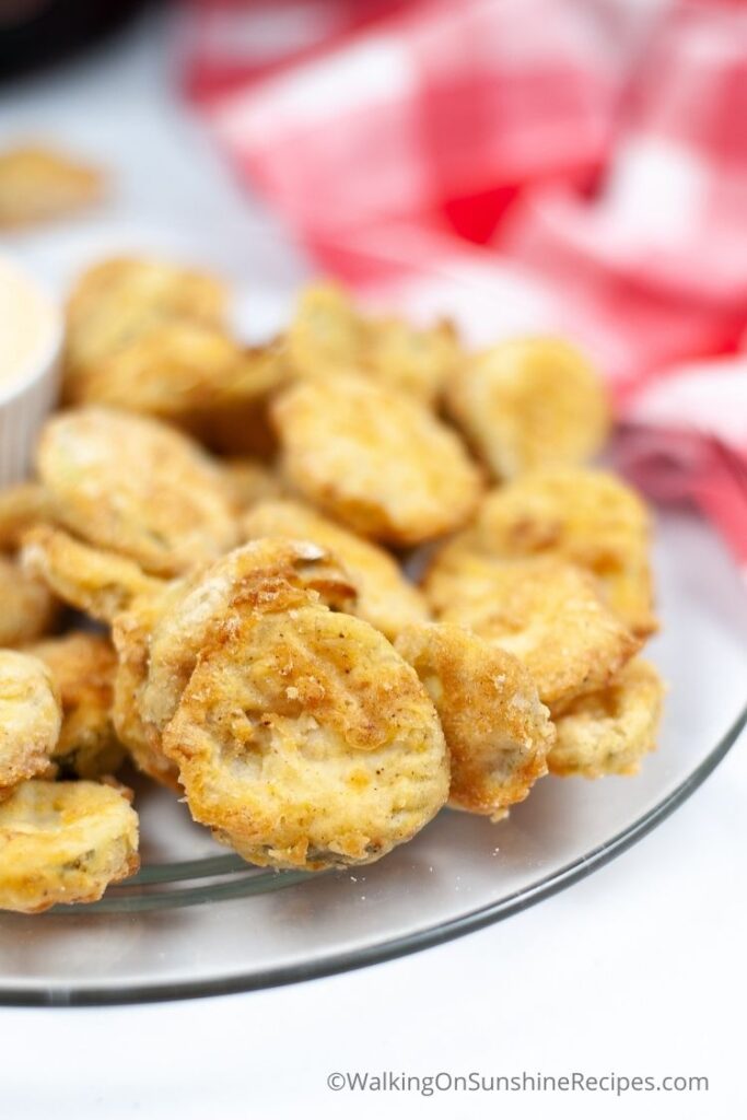 close up of air fried crispy pickles. 