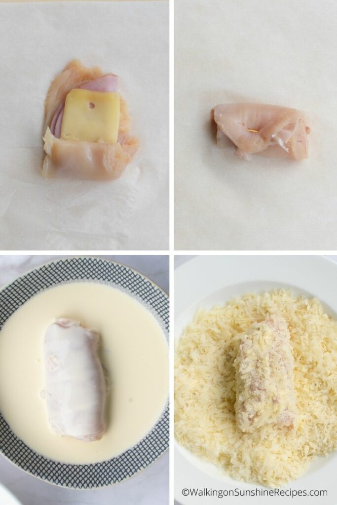 how to roll chicken cutlets and dip in milk and breadcrumbs. 