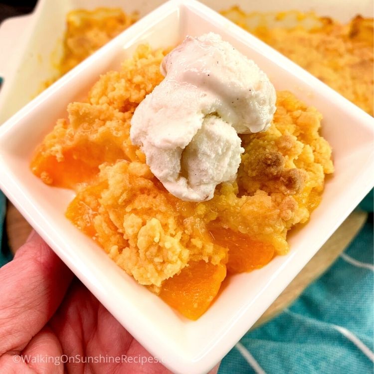 Peach cobbler with cake mix topping. 