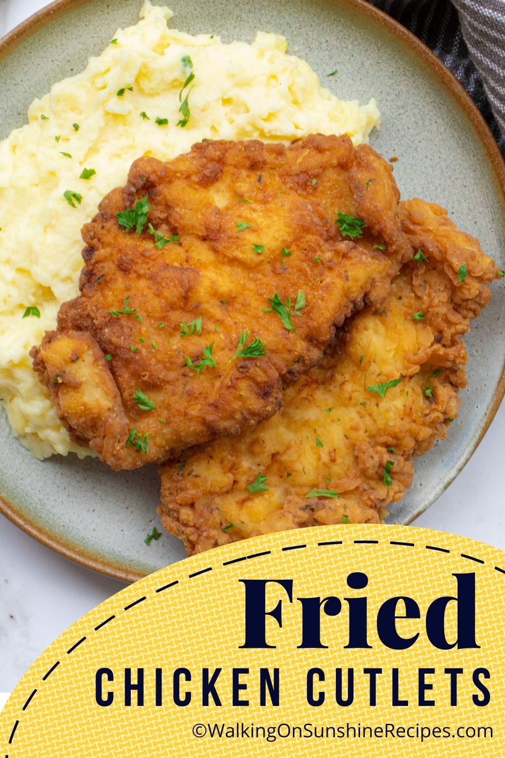 Crispy fried chicken cutlets with mashed potatoes. 