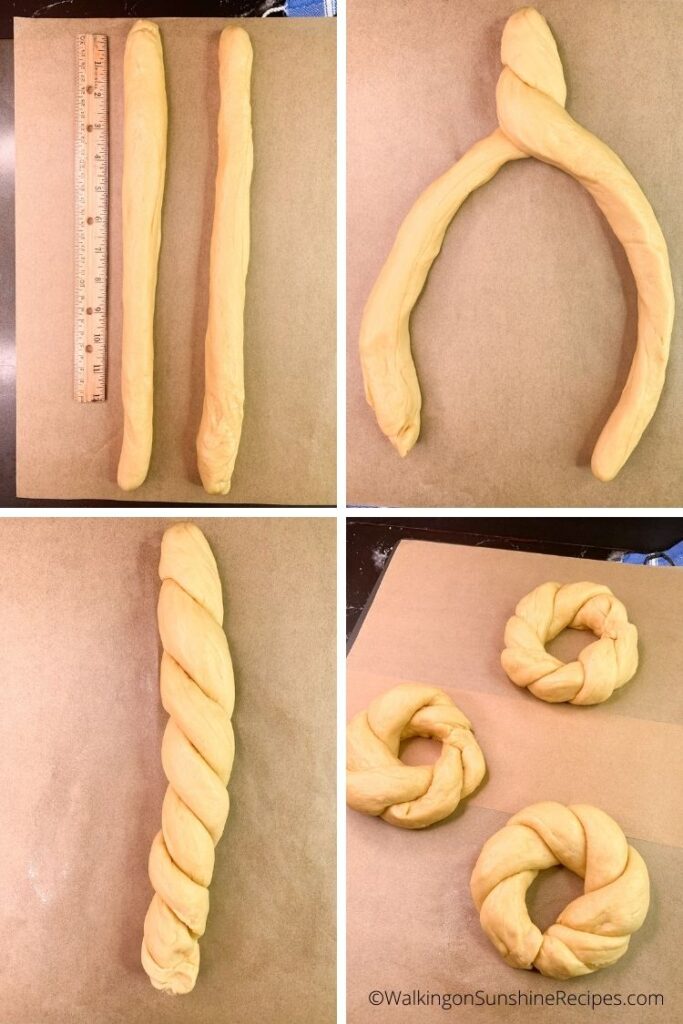 bread dough braids and circles.