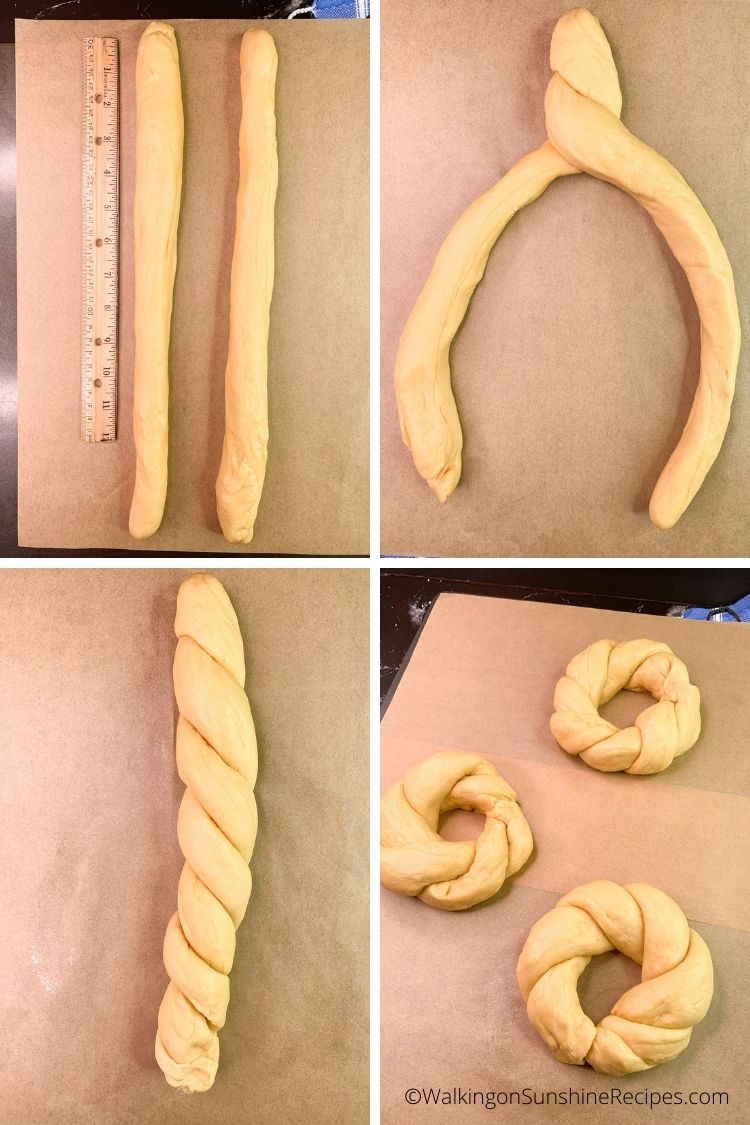 bread dough braids and circles. 