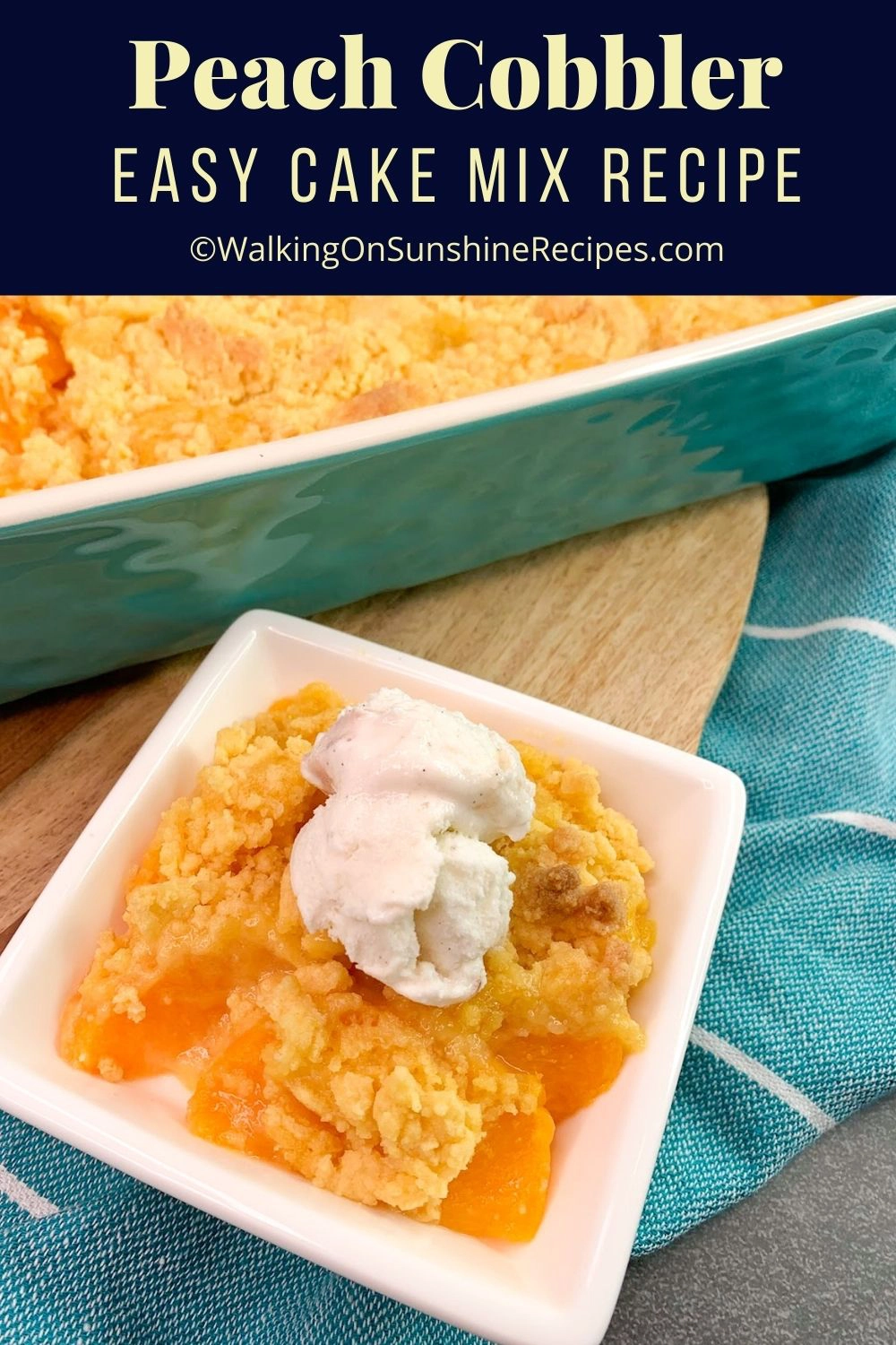 Cake Mix Crumb Topping over Canned Peaches. 