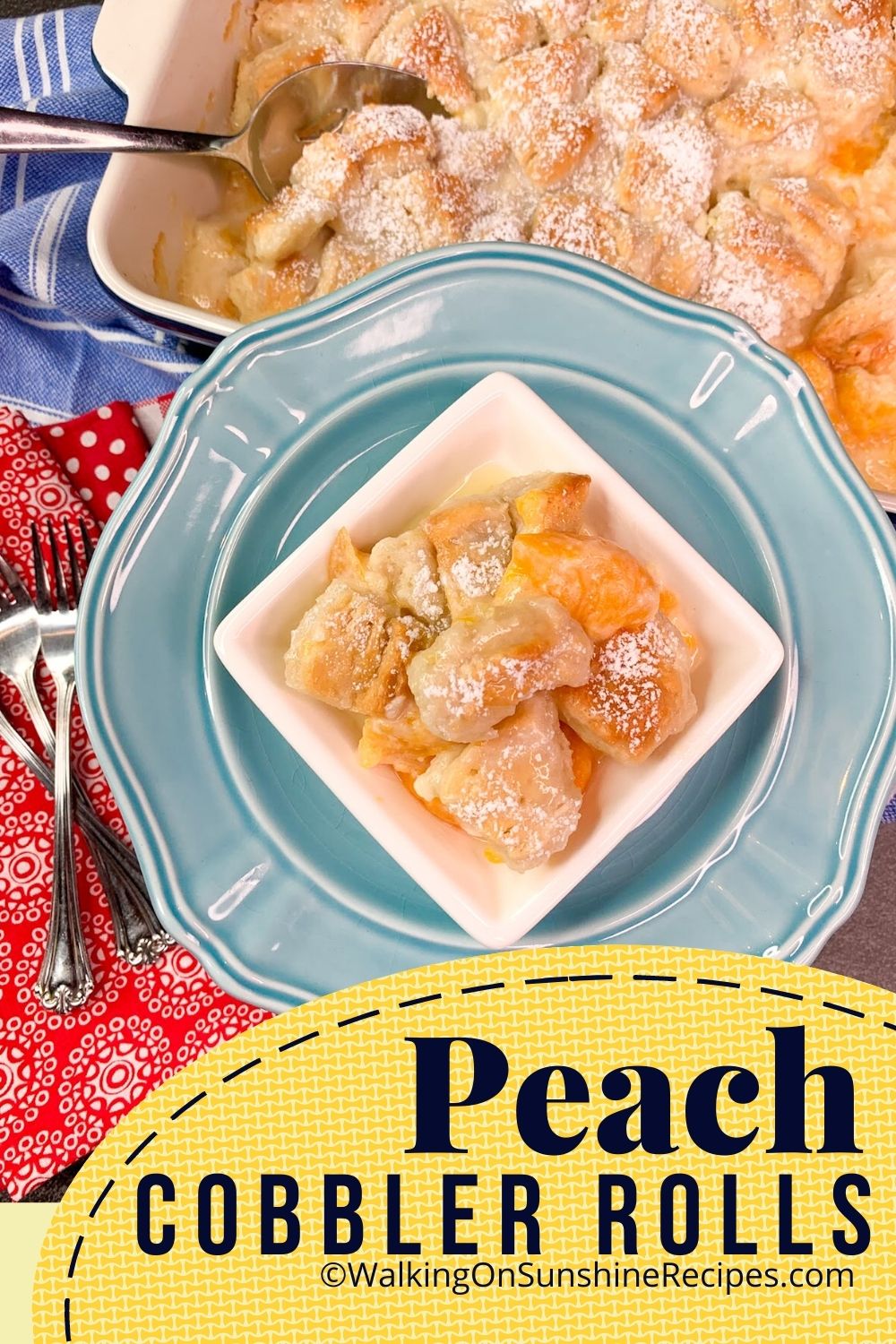 peach cobbler on blue plate. 