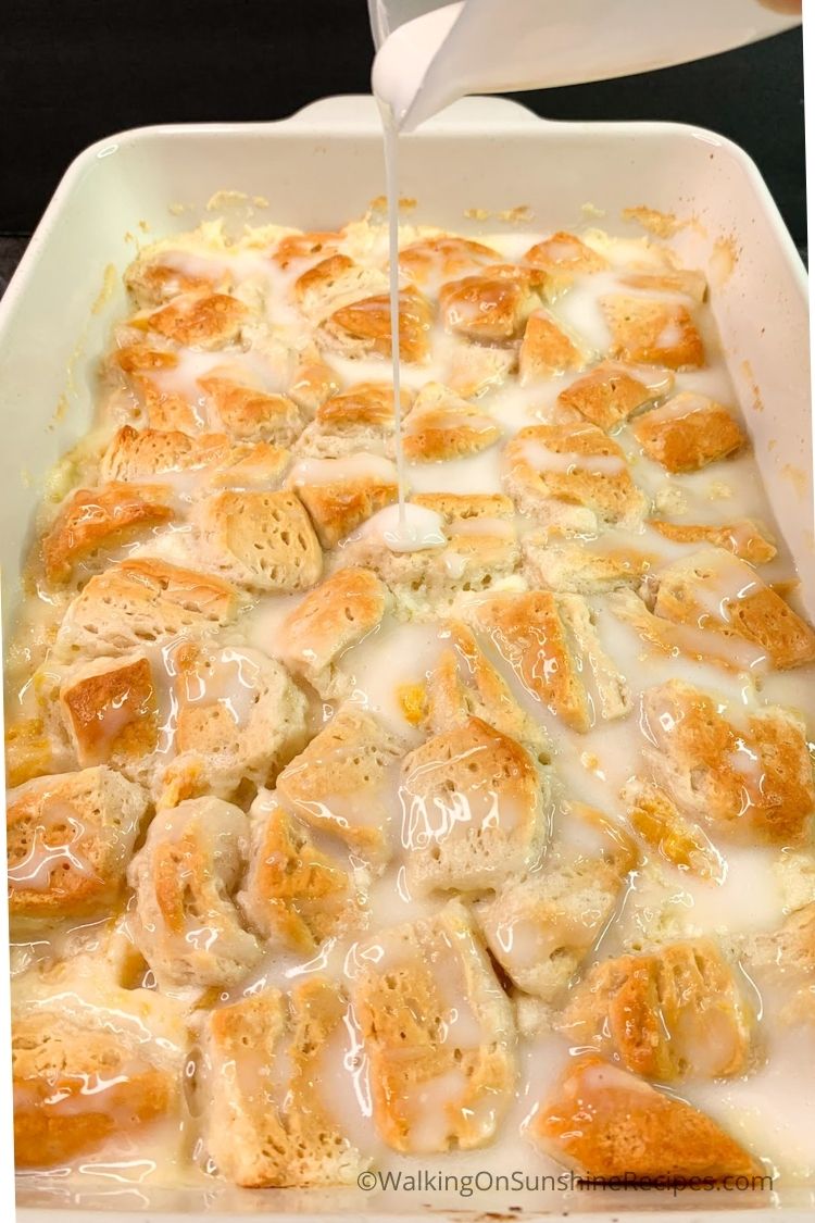 pour glaze on top of biscuits and peaches. 