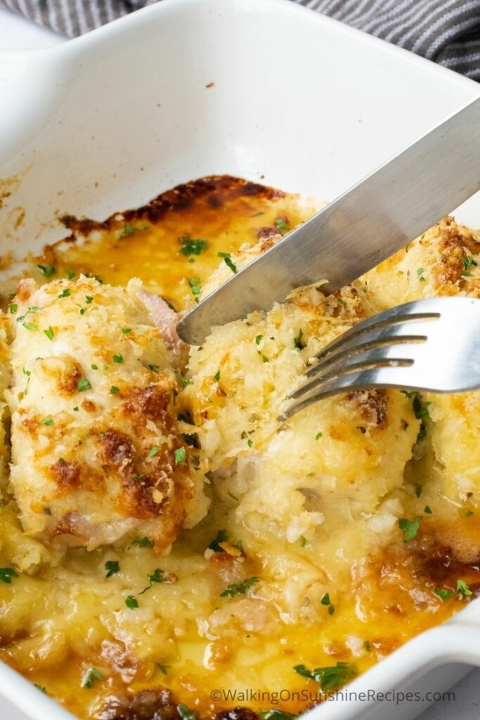 fork and knife in stuffed chicken breasts. 