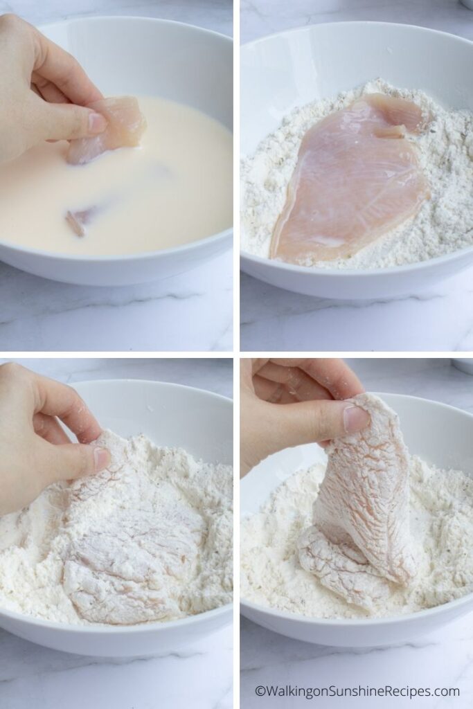 Coating chicken cutlets in milk and flour. 