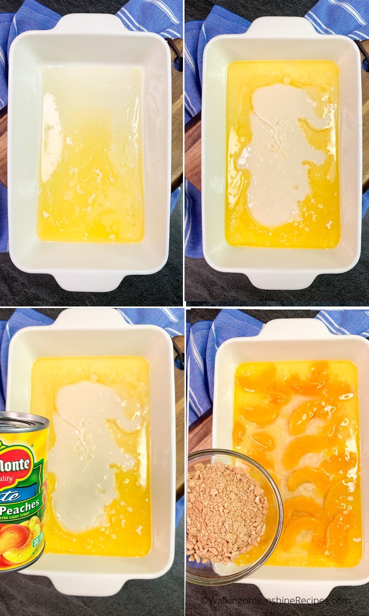 Adding cobbler ingredients to baking dish. 