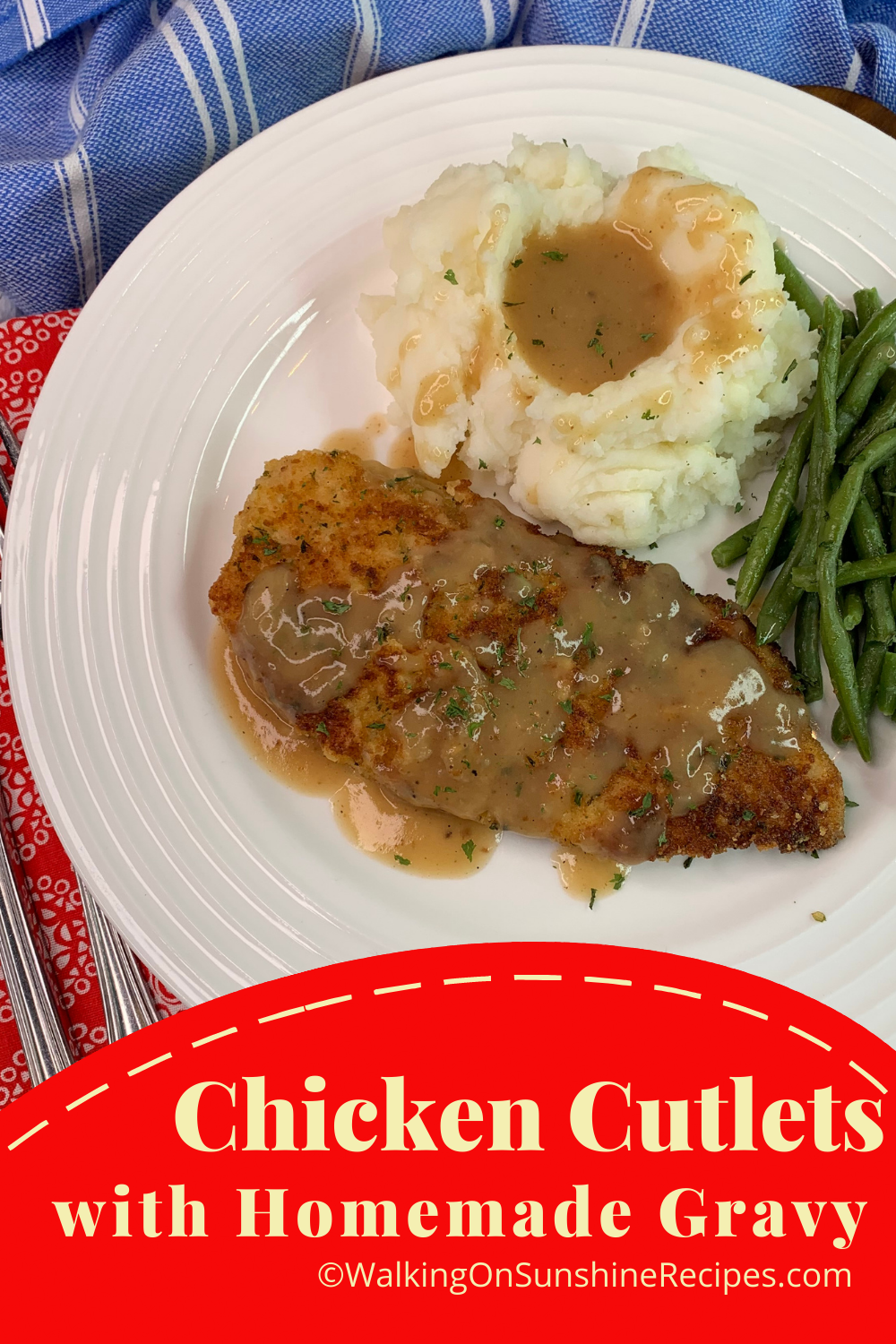 chicken cutlets with gravy and mashed potatoes on white plate. 